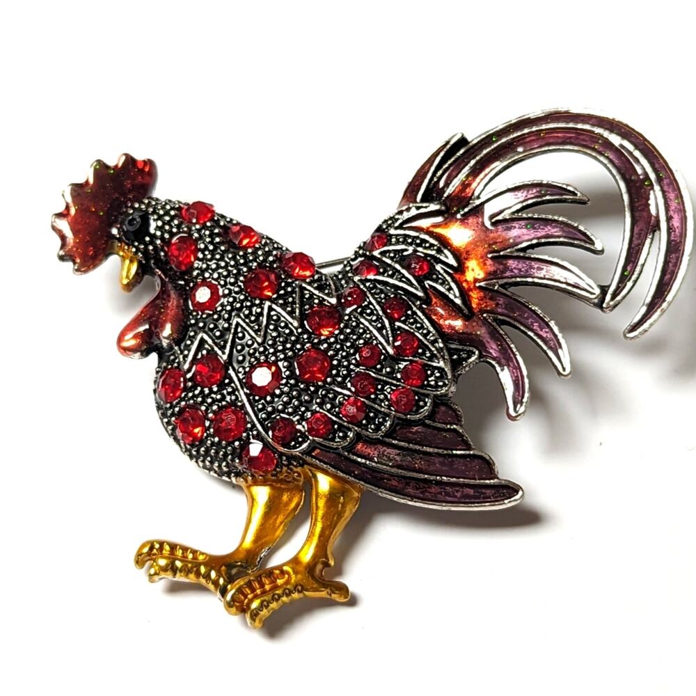 Vintage Silver Tone Red Rhinestone Purple Enameled Figural Rooster Brooch